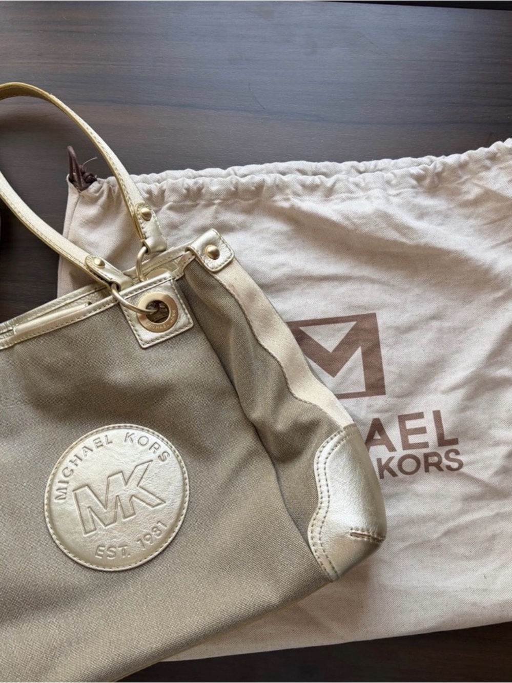 Michael Kors Large Canvas Tote Beige Gold Leather MK Logo + Dust Bag
